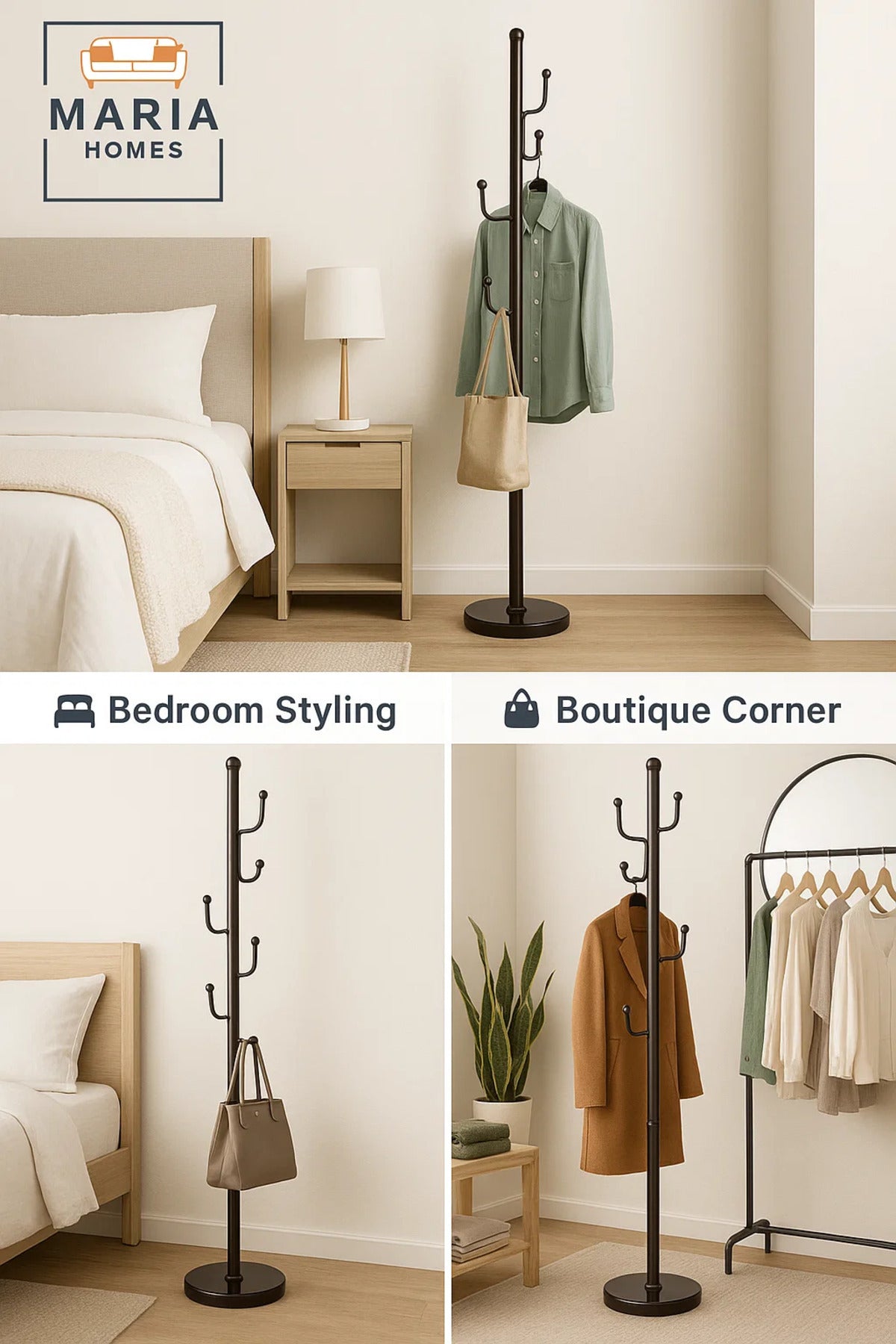 Black Metal Coat Rack with Curved Hooks and Circular Base