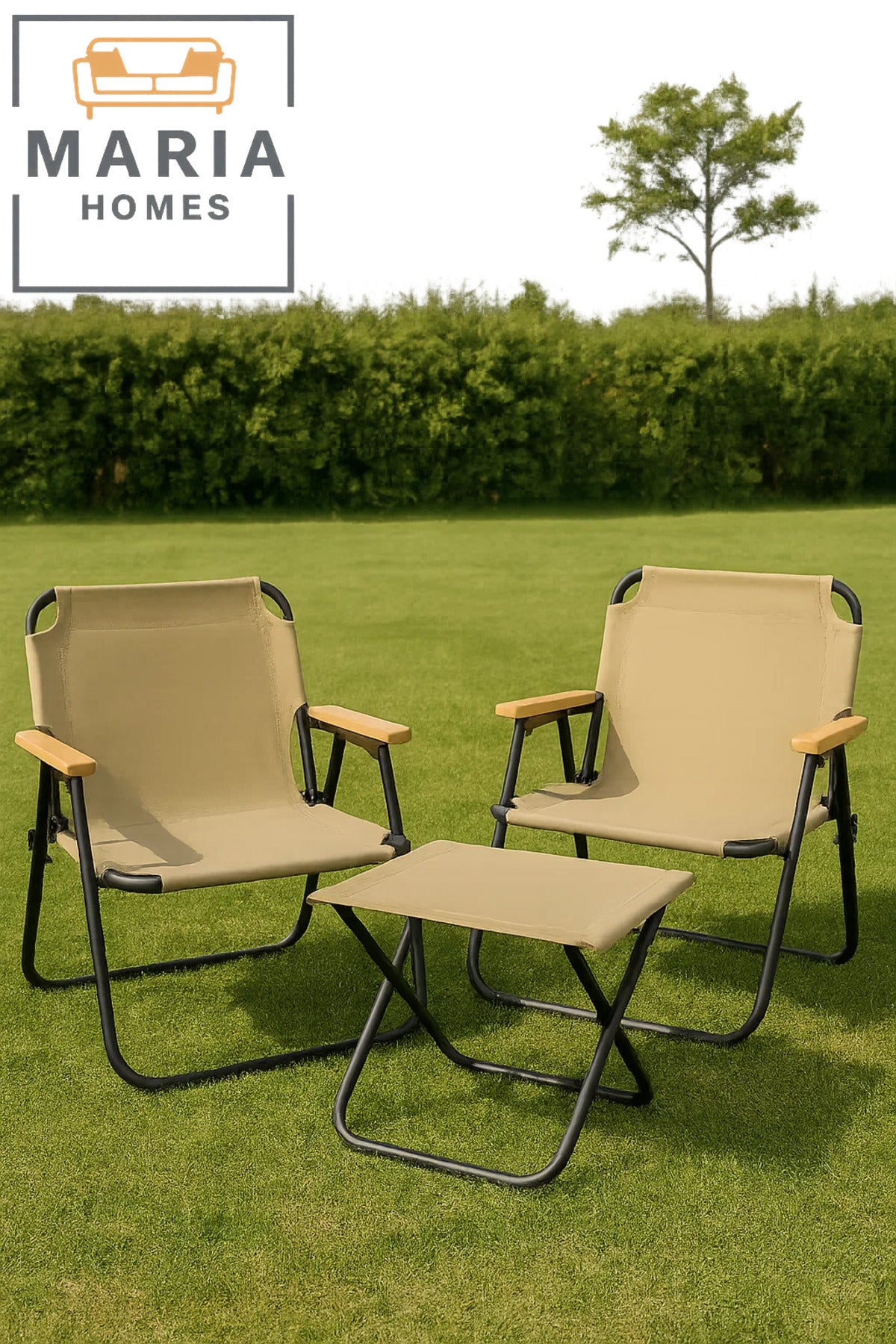 Beige Folding Canvas Chair with Wooden Armrests Ð Portable Outdoor & Camping Seat