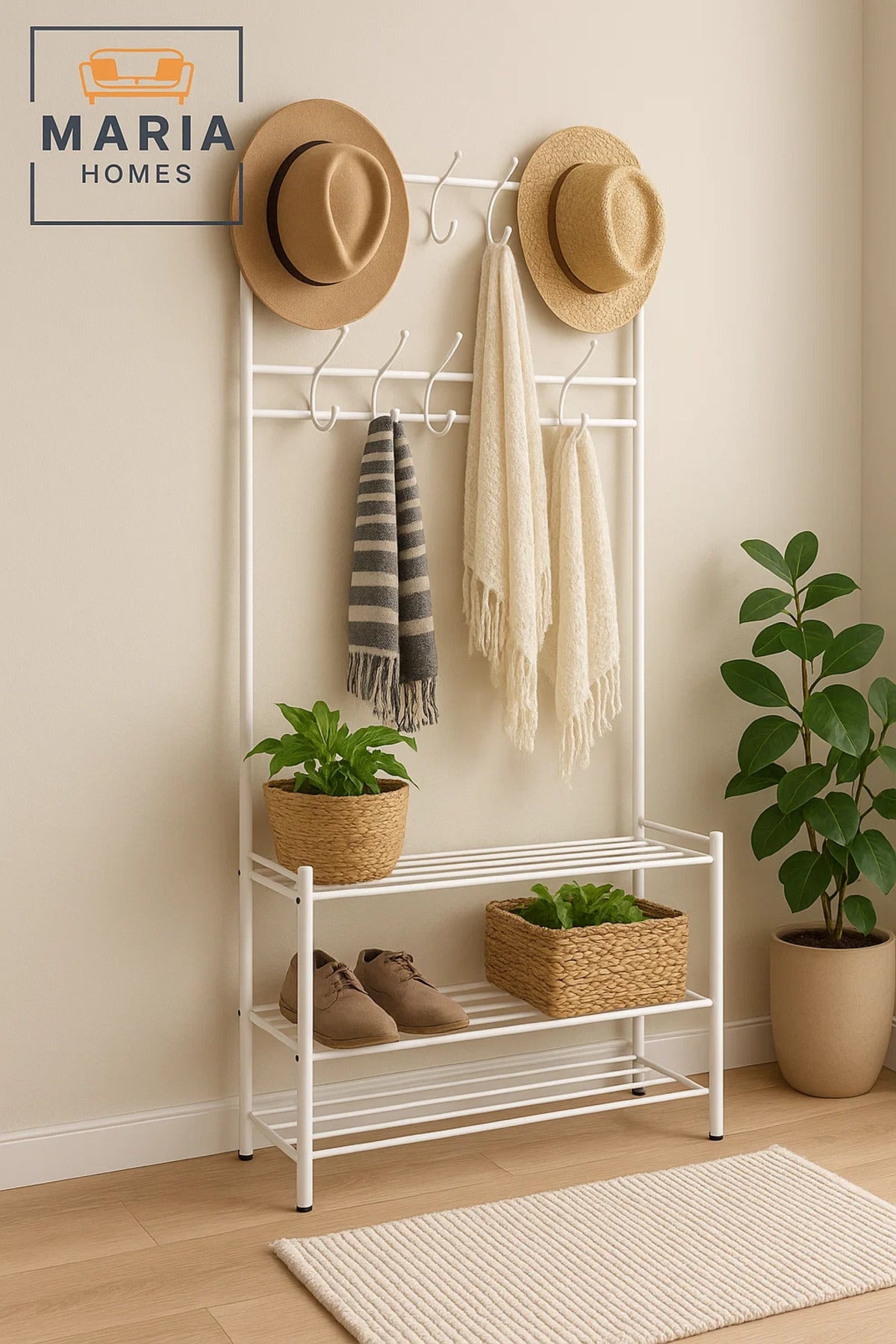 White Coat Rack with 12 Hooks & Metal Shoe Rack Ð 190x79x28 cm