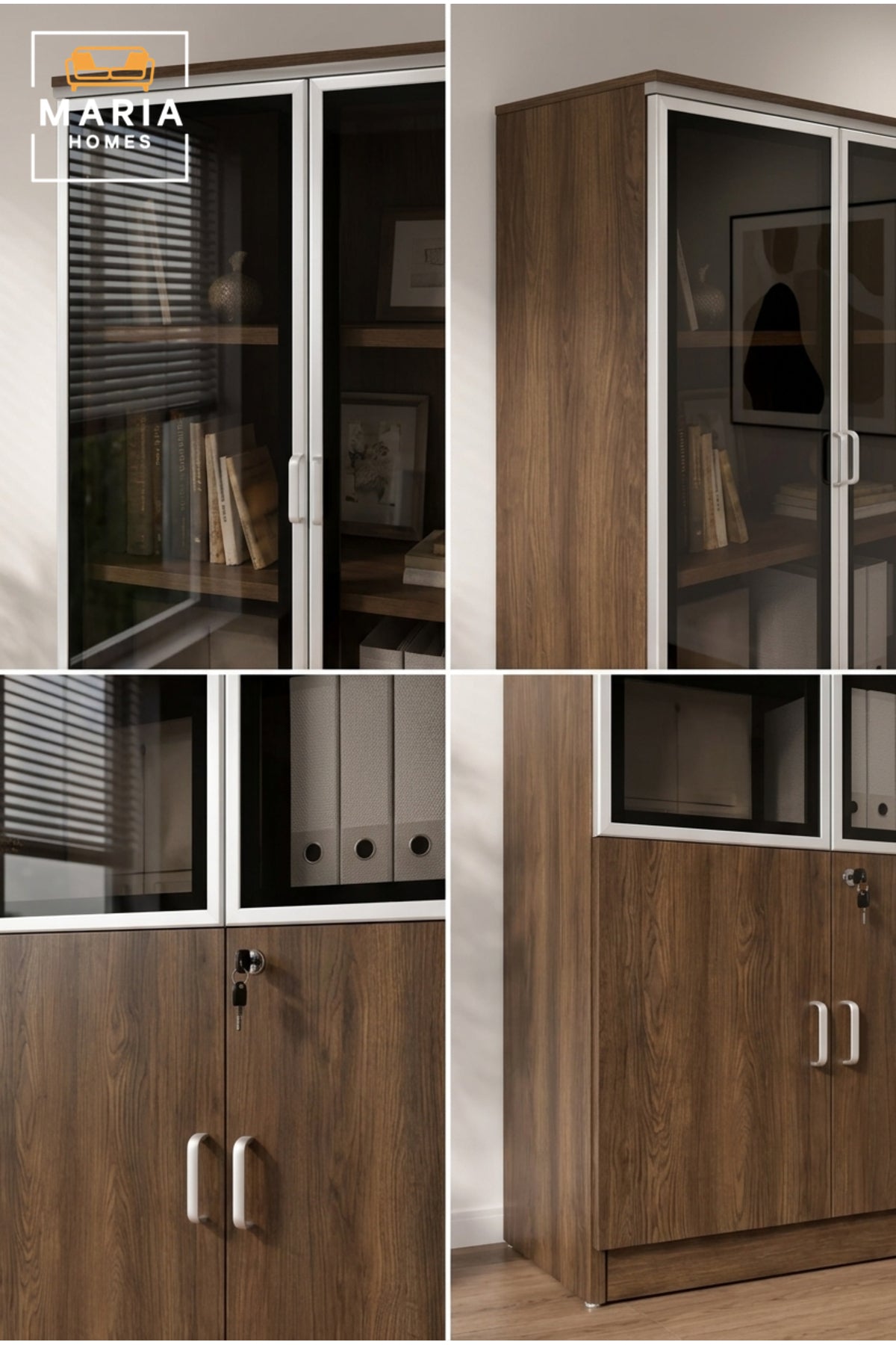 Tall Wooden Display Cabinet with Glass Doors √ê Office Storage Bookcase & Filing Cabinet