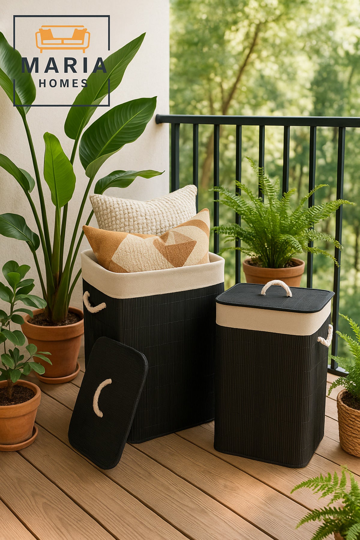 Black Bamboo Laundry Basket with Lid & Rope Handles Ð 40_30_57 cm