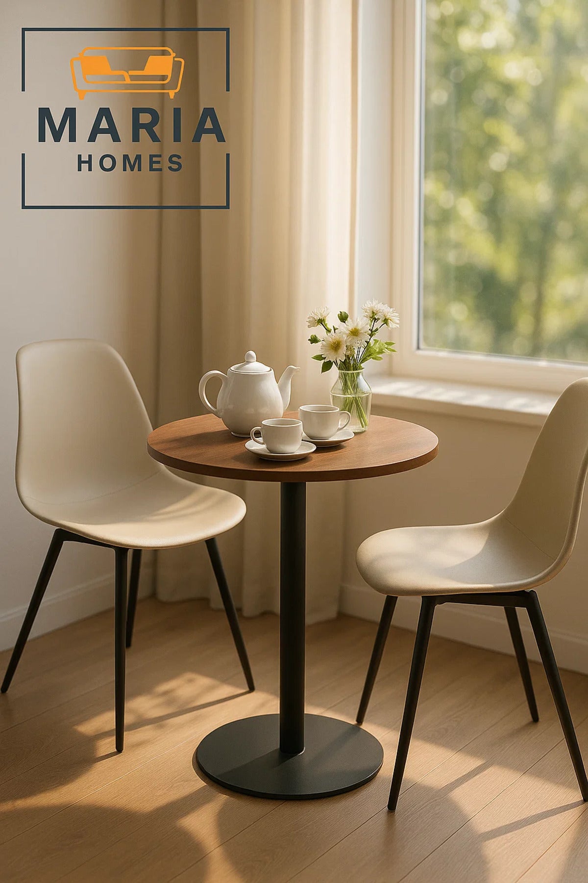 Round Walnut Bistro Table with Black Pedestal Base