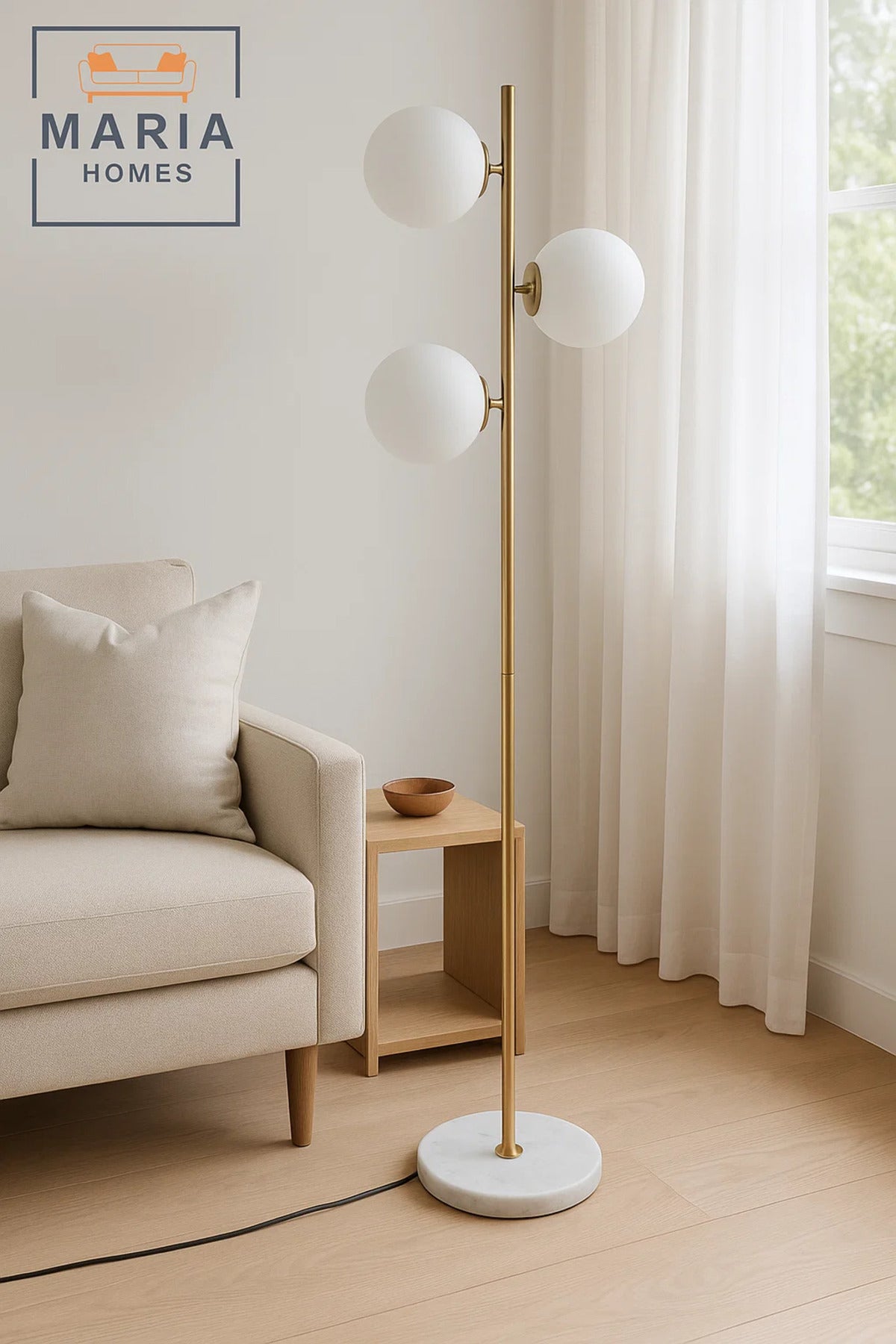 Gold Floor Lamp with Three Globe Lights and Marble Base
