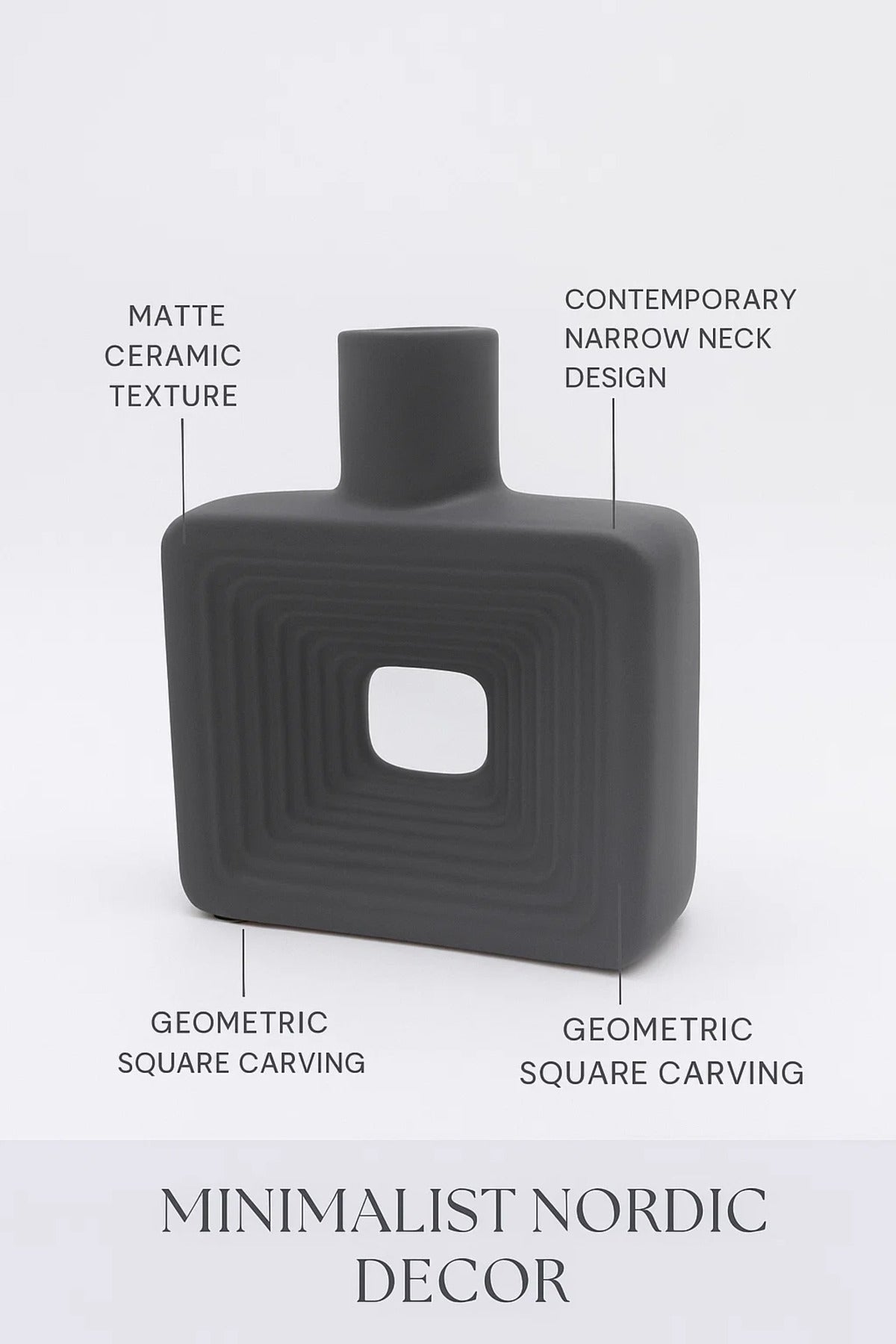 Matte Dark Grey Geometric Ceramic Vase Ð Modern Minimalist Square Flower Pot with Cut-Out Design