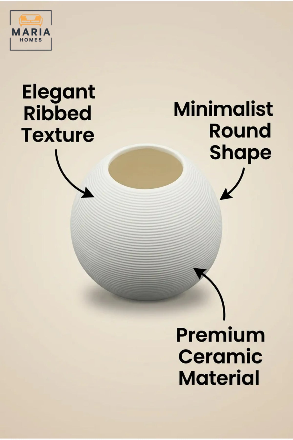 Modern Decorative Flower Vase with Round Shape, Wide Opening and Fine Ribbed Texture for Living Room, Bedroom, Office, Shelf and Console Table Décor