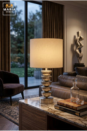 Modern Silver Table Lamp with Stacked Bowl Design and Fabric Drum Shade Decorative Bedside Light for Bedroom Living Room Office and Hotel Décor
