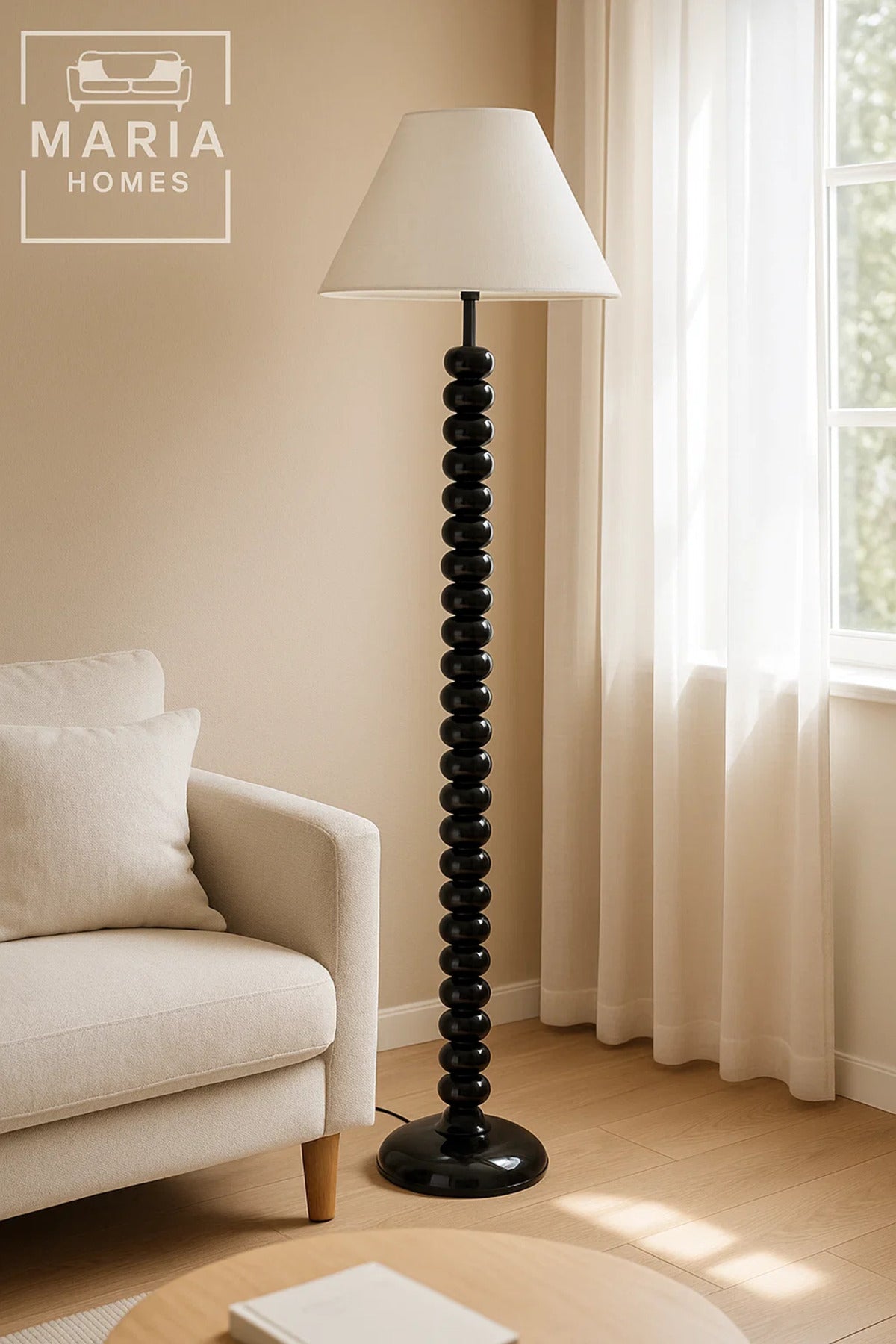 Glossy Black Beaded Floor Lamp with Cone Shade