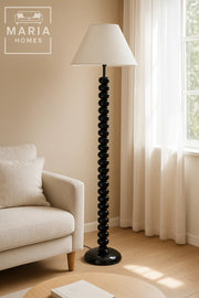 Glossy Black Beaded Floor Lamp with Cone Shade