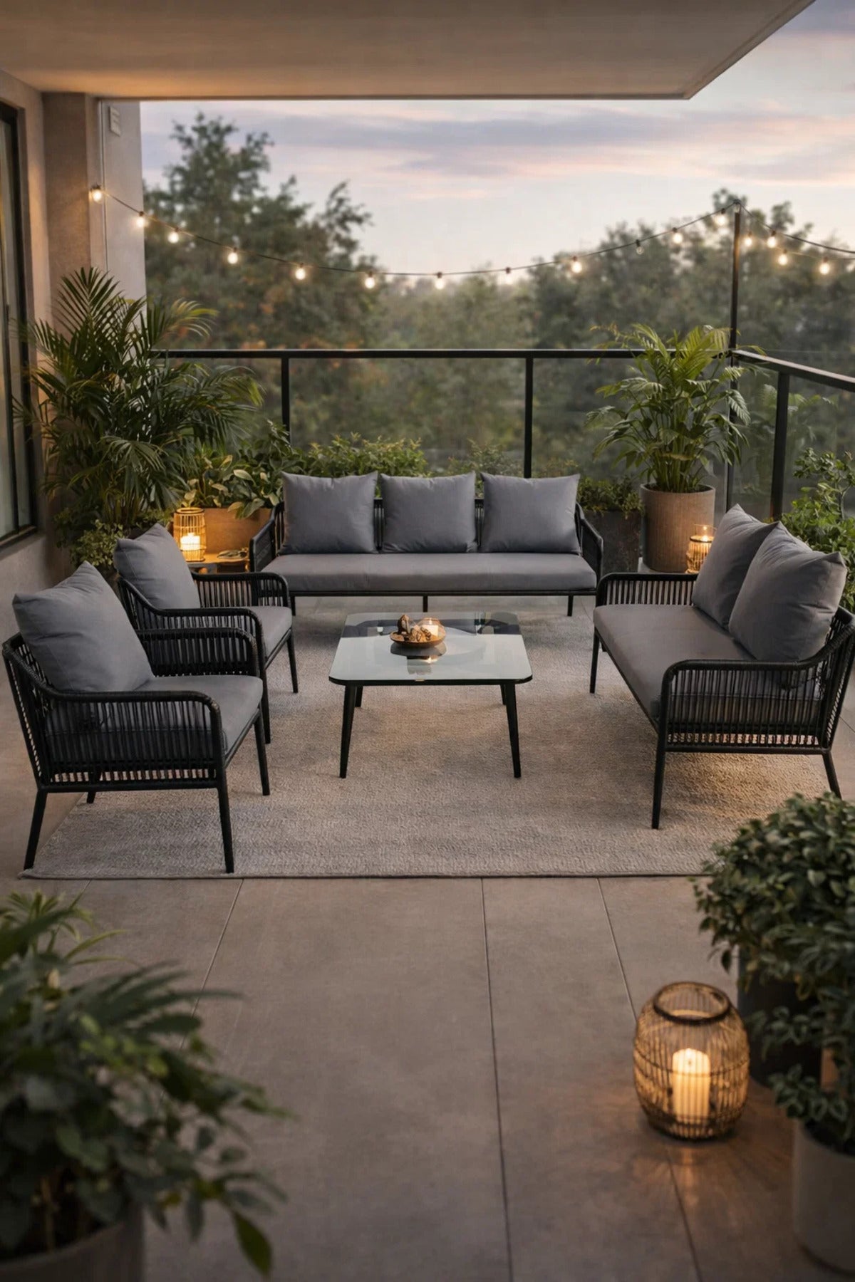 Sleek Black and Grey 7-Piece Outdoor Sofa Set with Glass Coffee Table √ê Stylish Modern Seating
