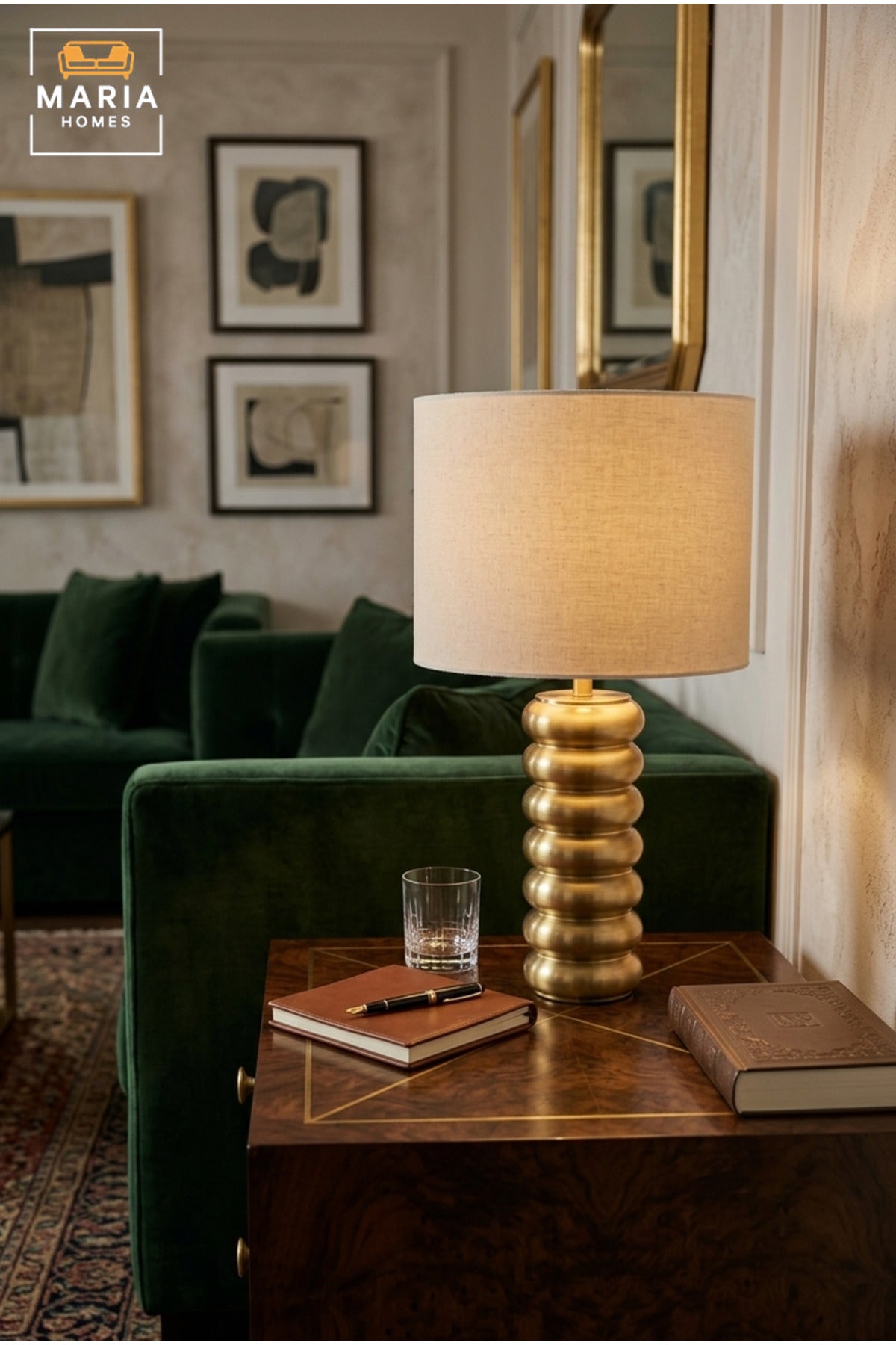 Modern Gold Ribbed Table Lamp with Fabric Drum Shade Sculptural Bedside Light for Bedroom Living Room Office Console Table and Hotel Décor