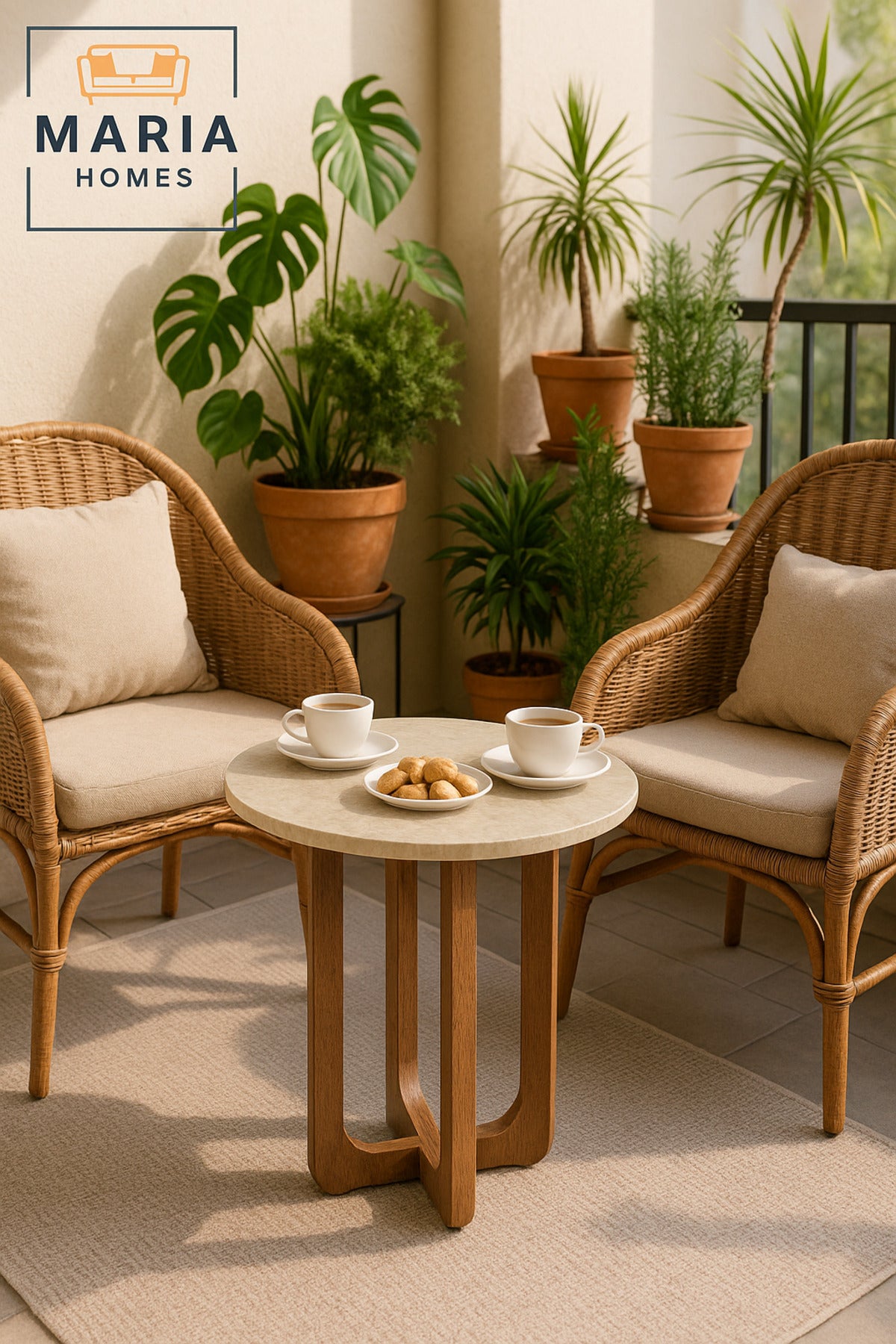 Round Side Table 45_55 cm Ð Modern Coffee Table with Faux Marble Top & Wooden Brown Legs