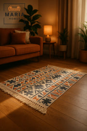Boho Cotton Accent Rug with Multicolor Tribal Pattern and Fringe Ðsize 60x80 cm