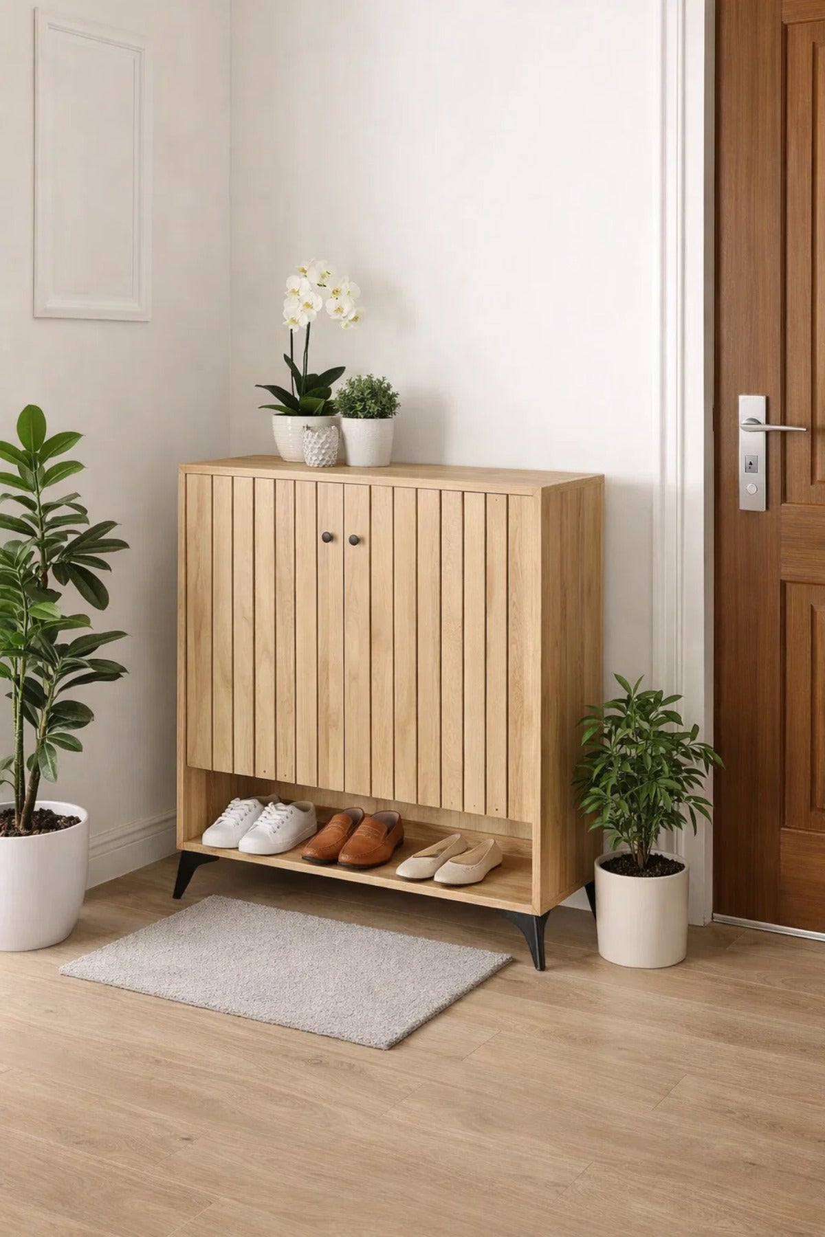 Modern Oak Wood Shoe Cabinet Storage Rack with Slatted Doors and Open Shelf for Home Hallway
