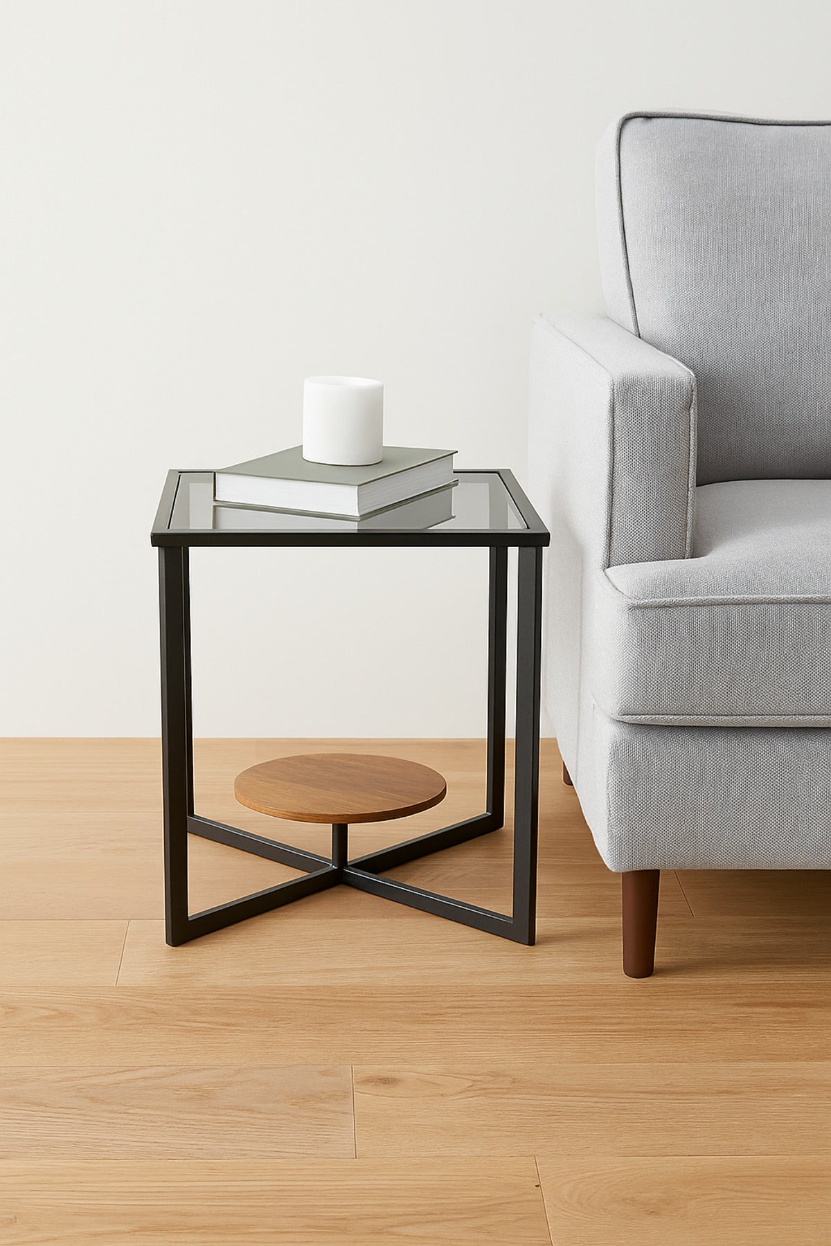 Modern Glass Side Table with Black Metal Frame and Brown Wooden Shelf Ð Square End Table 40_40_50 cm