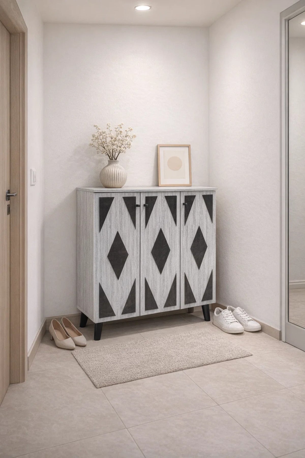 Modern 3-Door Shoe Cabinet with Geometric Pattern Grey Wood Finish for Stylish Home Entryway Decor