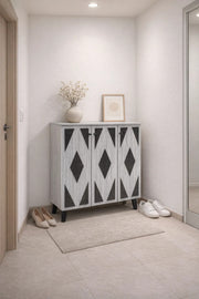 Modern 3-Door Shoe Cabinet with Geometric Pattern Grey Wood Finish for Stylish Home Entryway Decor