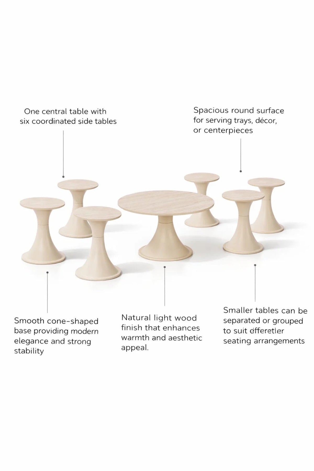 Modern Beige Round Coffee Table Set 1+6 7 Piece Cone Base Living Room Set