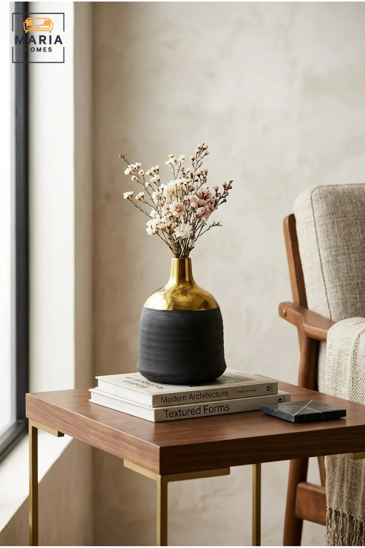 Modern Decorative Flower Vase with Gold-Tone Neck, Textured Body and Rounded Shape for Living Room, Bedroom, Office, Shelf and Console Table Décor