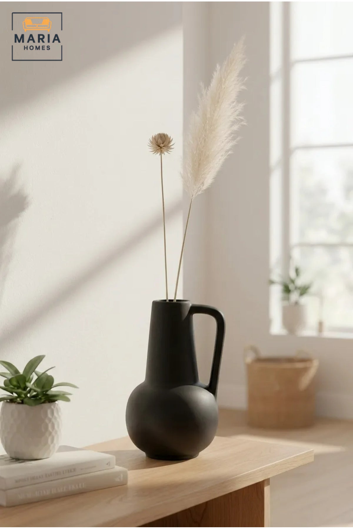 Modern Decorative Flower Vase with Handle, Rounded Body and Narrow Neck for Living Room, Bedroom, Office, Shelf, Console Table and Home Décor