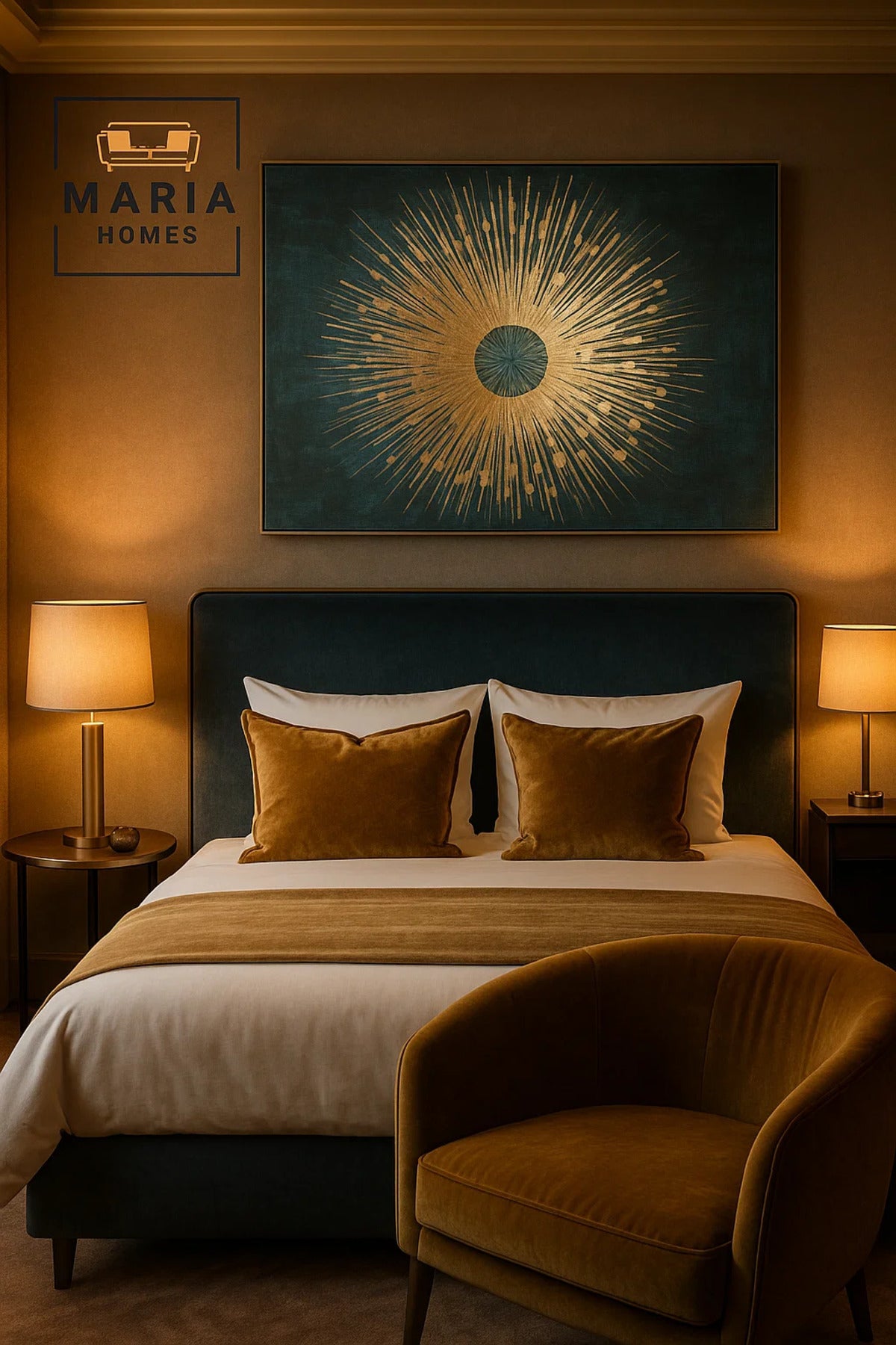 Framed Abstract Wall Art Ð Golden Sunburst on Textured Teal Background and Size 102*152 cm