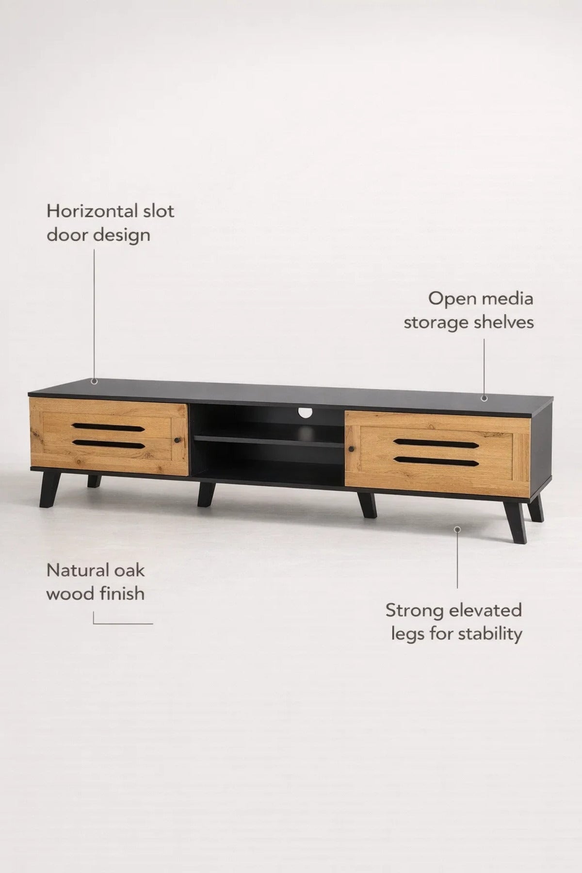 Modern Wooden TV Stand Black with Oak Front Panels 160 x 40 x 43 cm