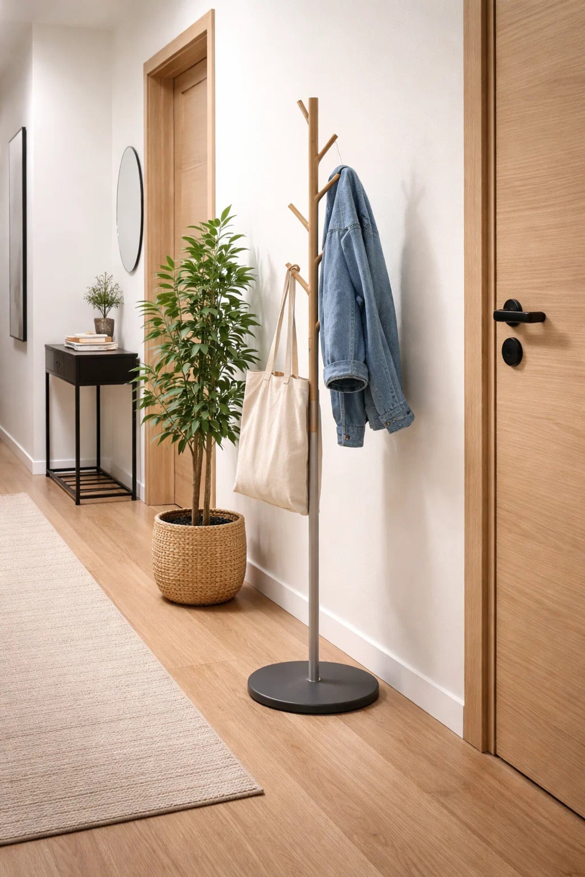 Minimalist Nordic Style Wooden and Metal Coat Rack Stand Floor Hanger for Jackets Hats Bags Clothes