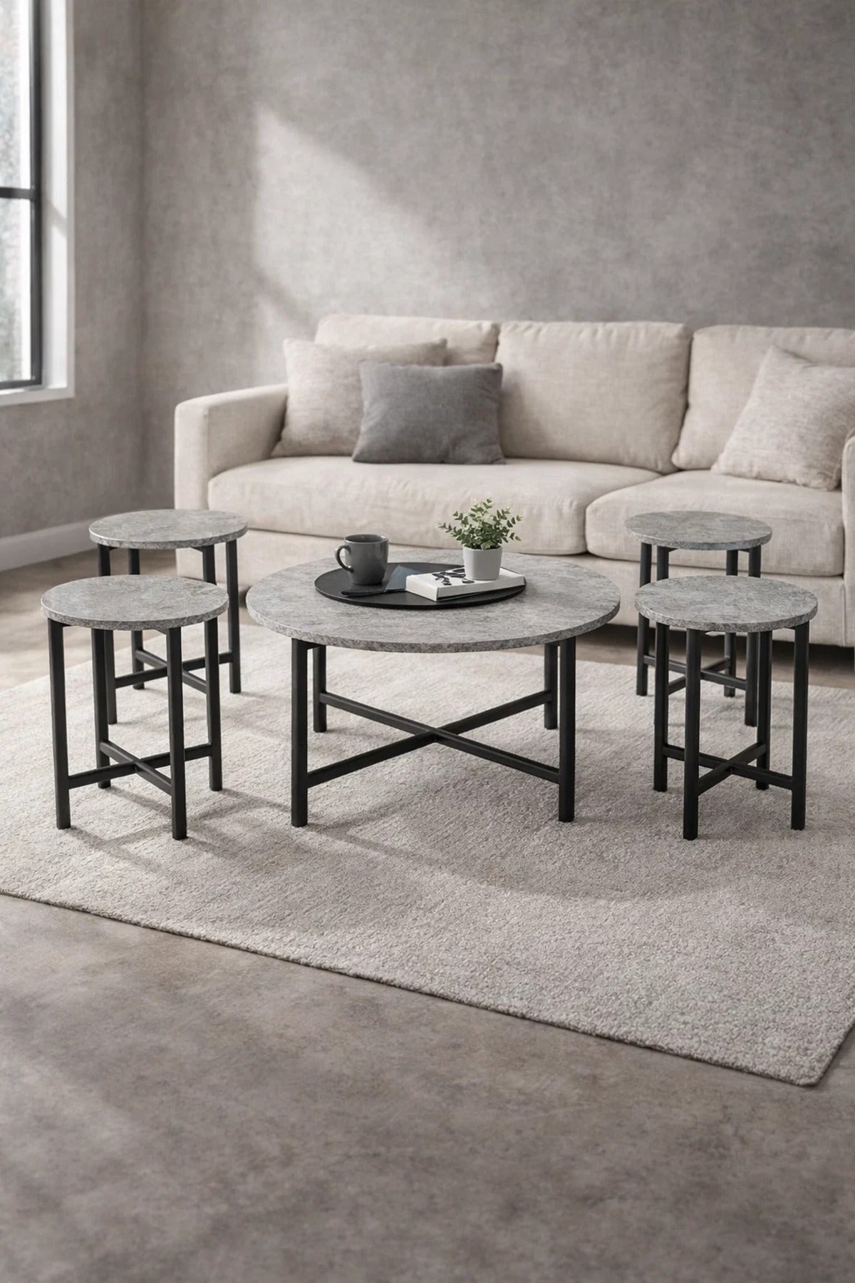 Grey Round Coffee Table Set of 5 Metal Legs Modern Nesting Center Tables for Living Room Interior