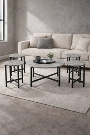 Grey Round Coffee Table Set of 5 Metal Legs Modern Nesting Center Tables for Living Room Interior