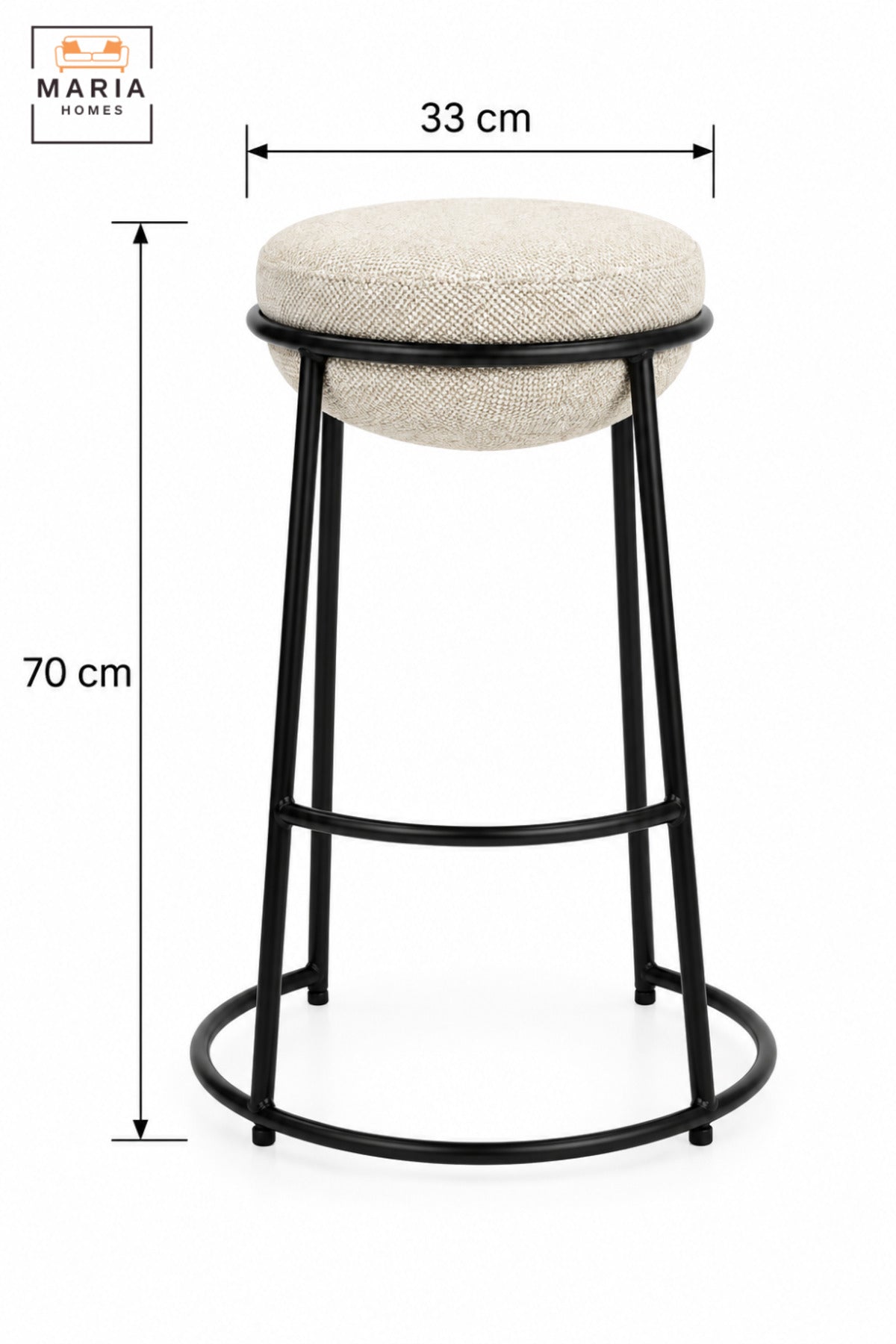 Modern Round Bar Stool with Padded Fabric Seat & Circular Footrest | Beige Upholstered High Counter Chair with Slim Black Frame for Kitchen and Café 70x33 cm