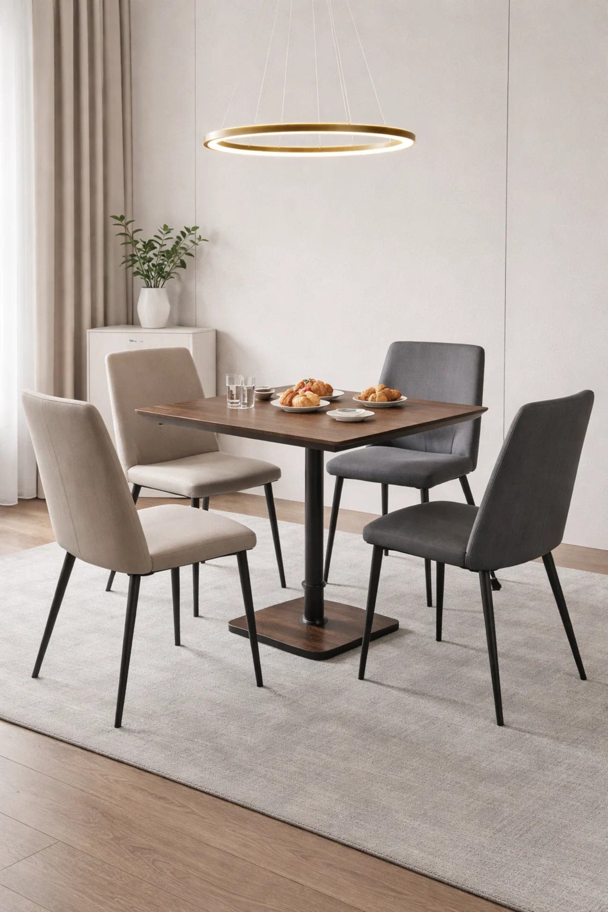 Modern Square Dining Table Brown Melamine Wood Top Sturdy Black Metal Pedestal Base 70x70cm Size