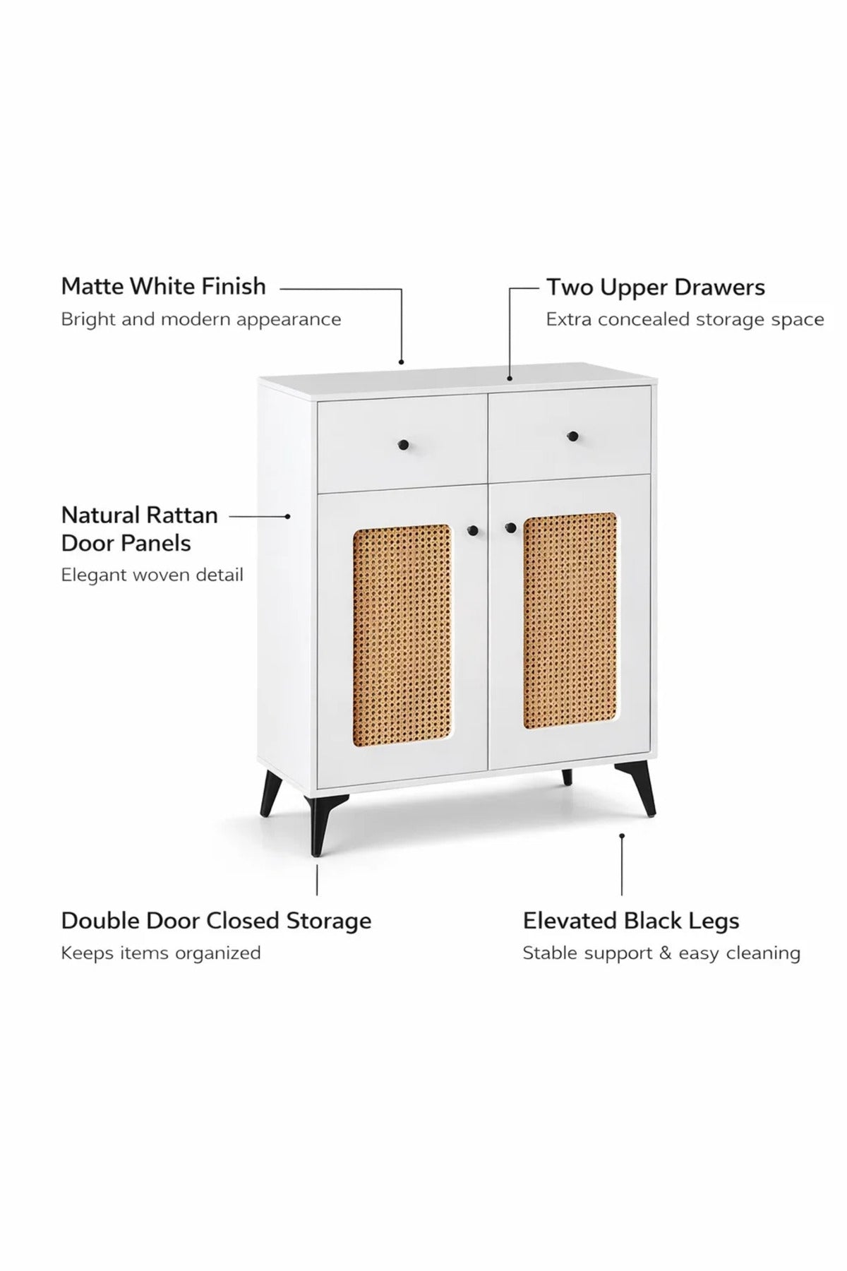 White Rattan Shoe Cabinet with Drawers - Modern Boho Storage Console for Entryway Living Room