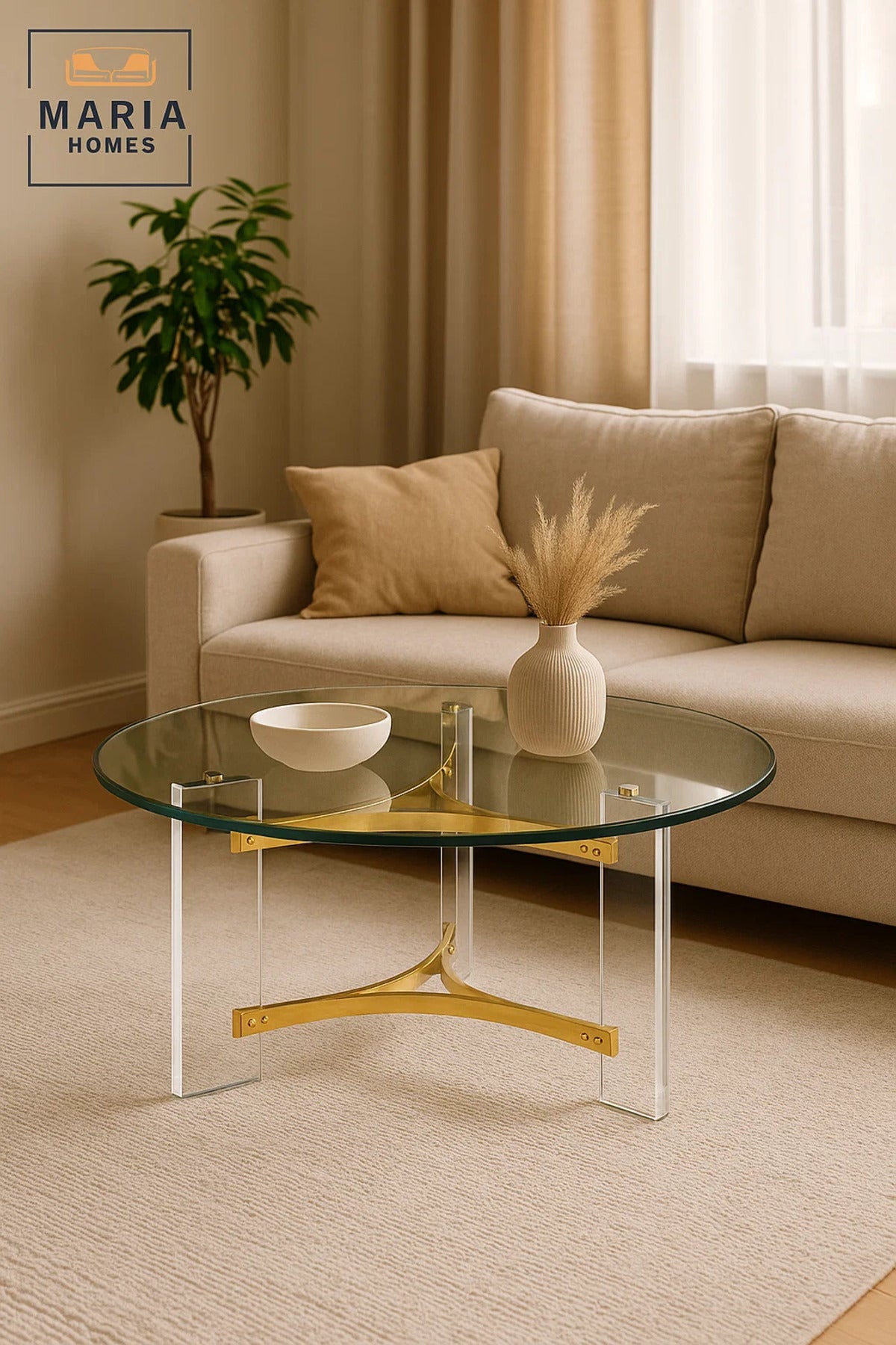 Luxury Round Glass Coffee Table 90_90_45 cm with Gold Stainless Steel and Acrylic Base