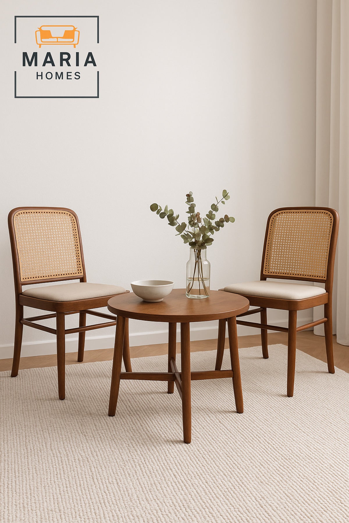 Elegant Walnut Dining Chair with Cane Backrest and Cushioned Seat