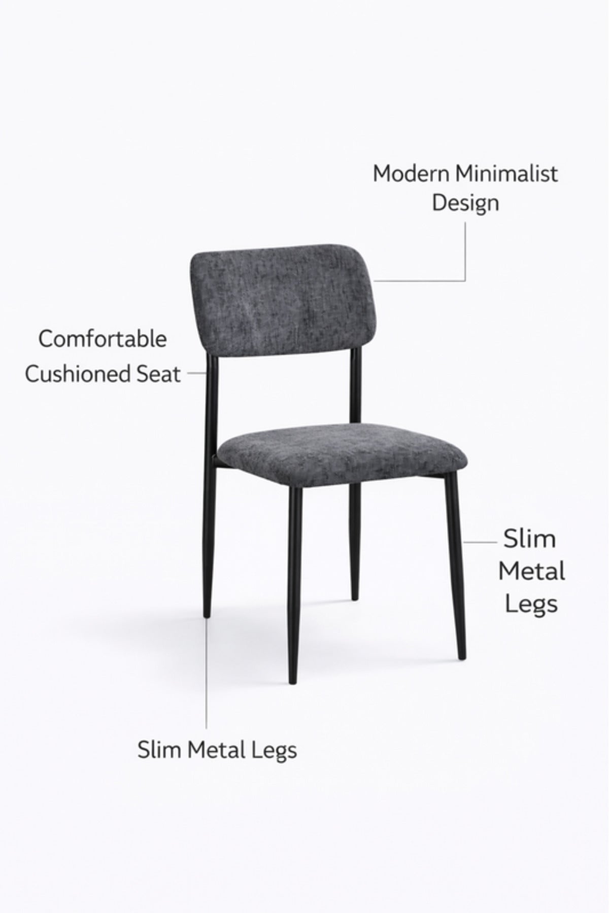 Dark Grey Upholstered Dining Chair with Black Metal Legs Modern Room dark grey
