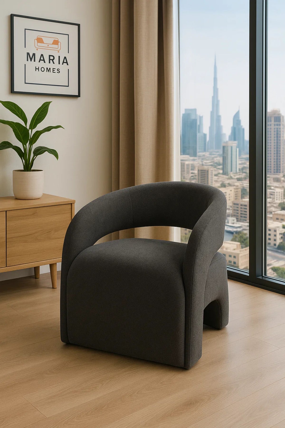 Contemporary Curved Armchair in Dark Gray Fabric Ð Modern Lounge Accent Chair