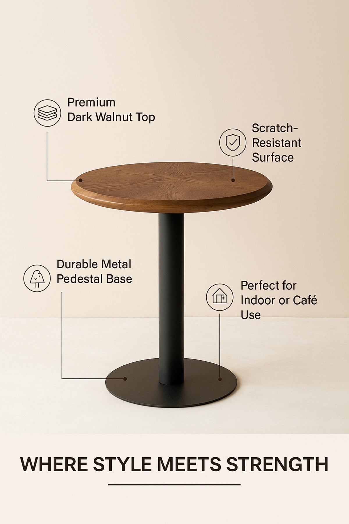 Round Walnut Coffee Table Ð 60_75 cm Dark Wood Top with Black Metal Base