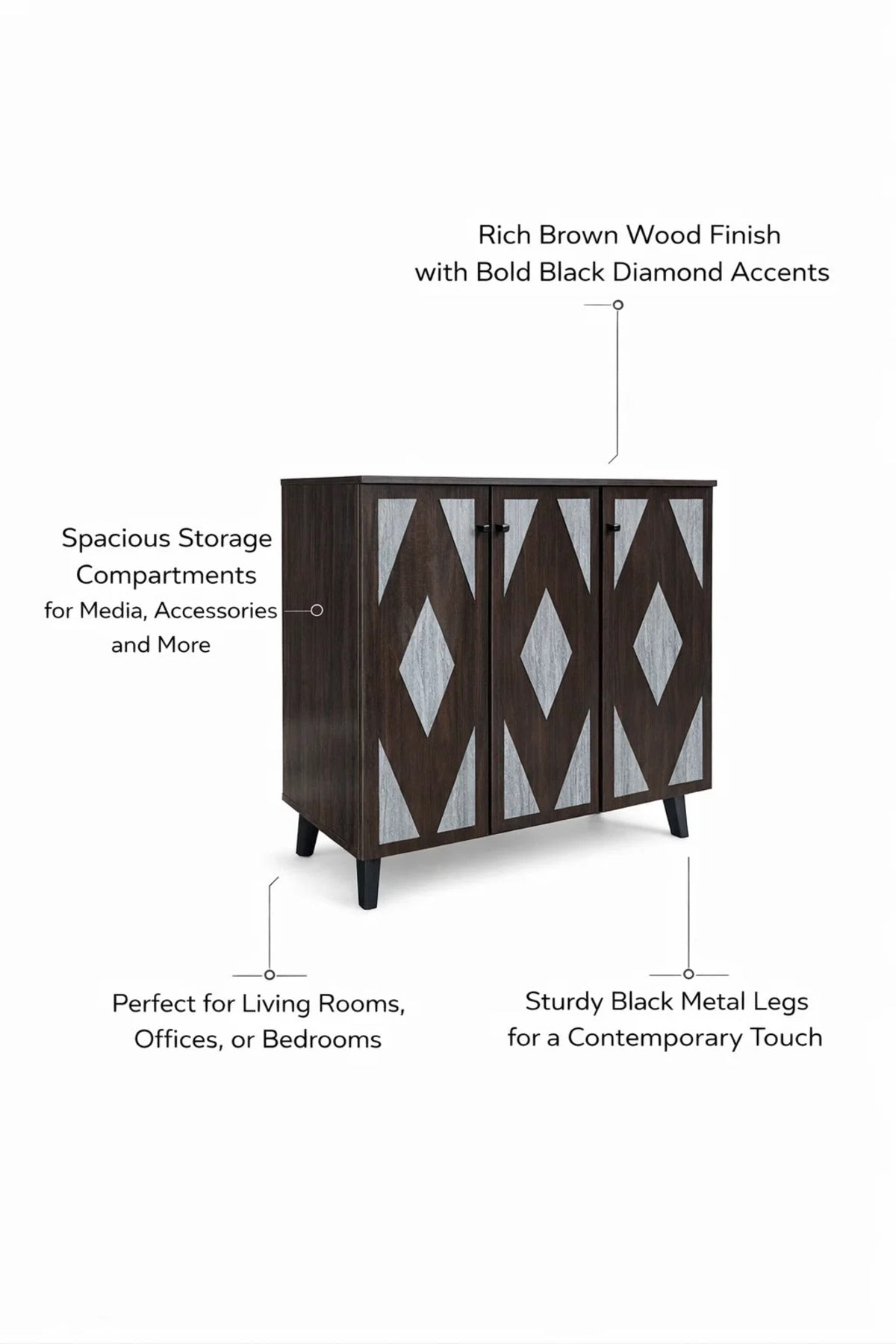 Elegant Dark Brown TV Table Console with Diamond Pattern Doors and Spacious Storage 90cm Wide