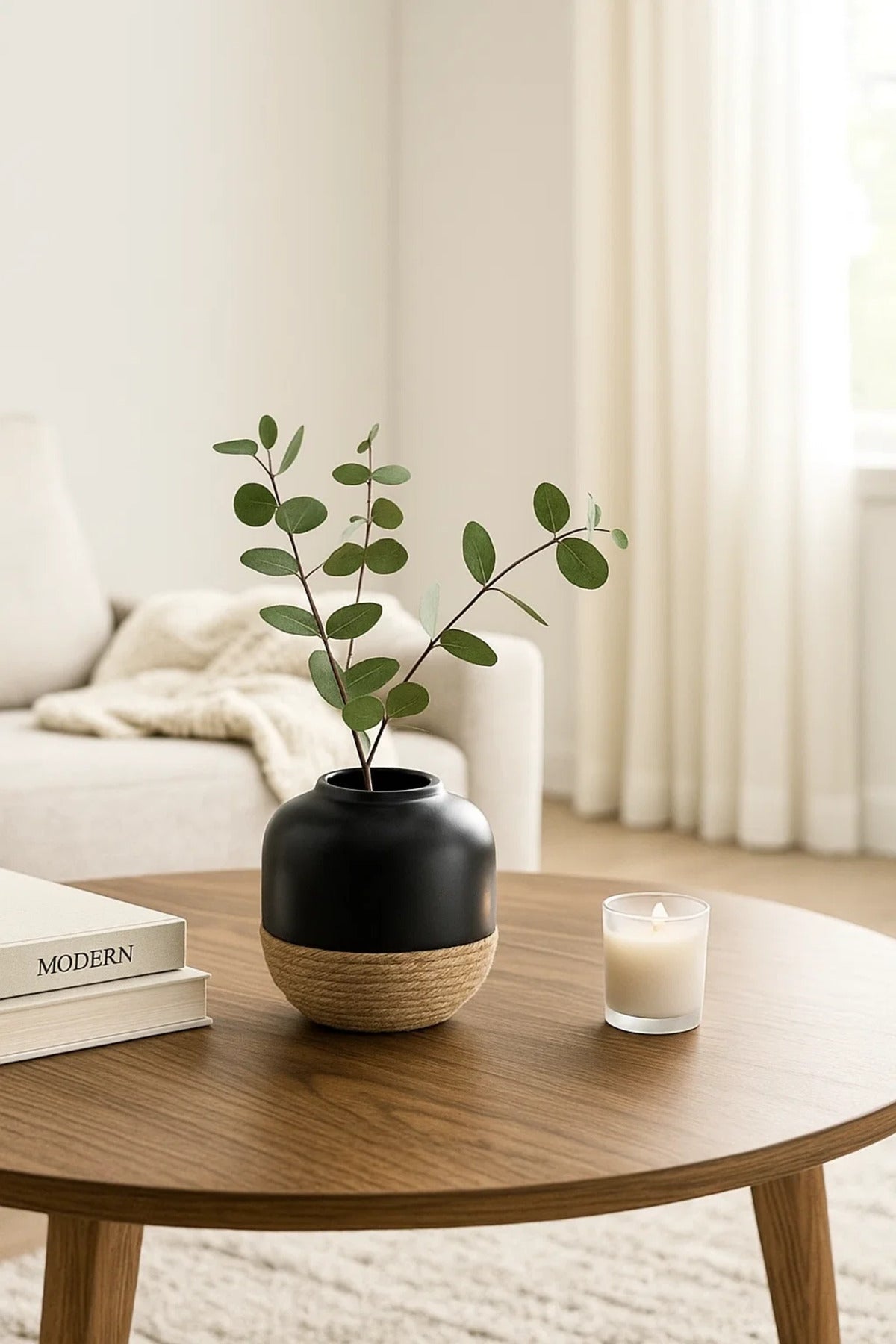 Black Ceramic Round Vase Ð Modern Rope Design Decorative Flower Pot for Home and Office DŽcor