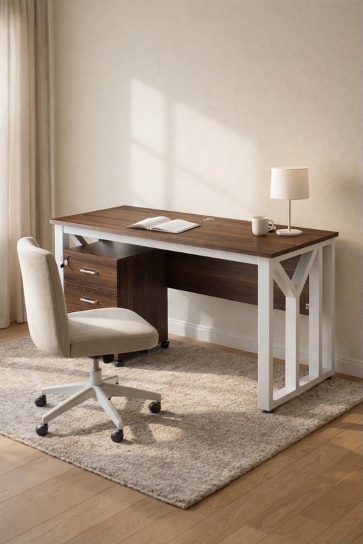 Modern Coffee Office Desk with White Metal Frame & Rolling Drawer
