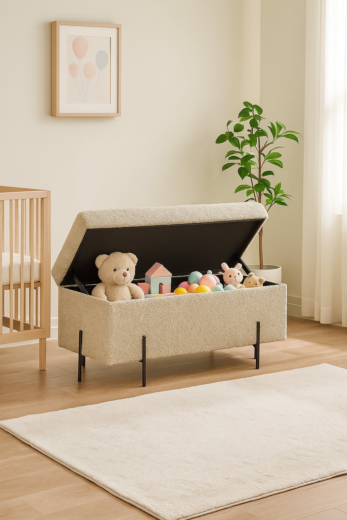 Storage Bench with Tufted Seat & Black Metal Legs Ð Modern Ottoman 110_43_49 cm