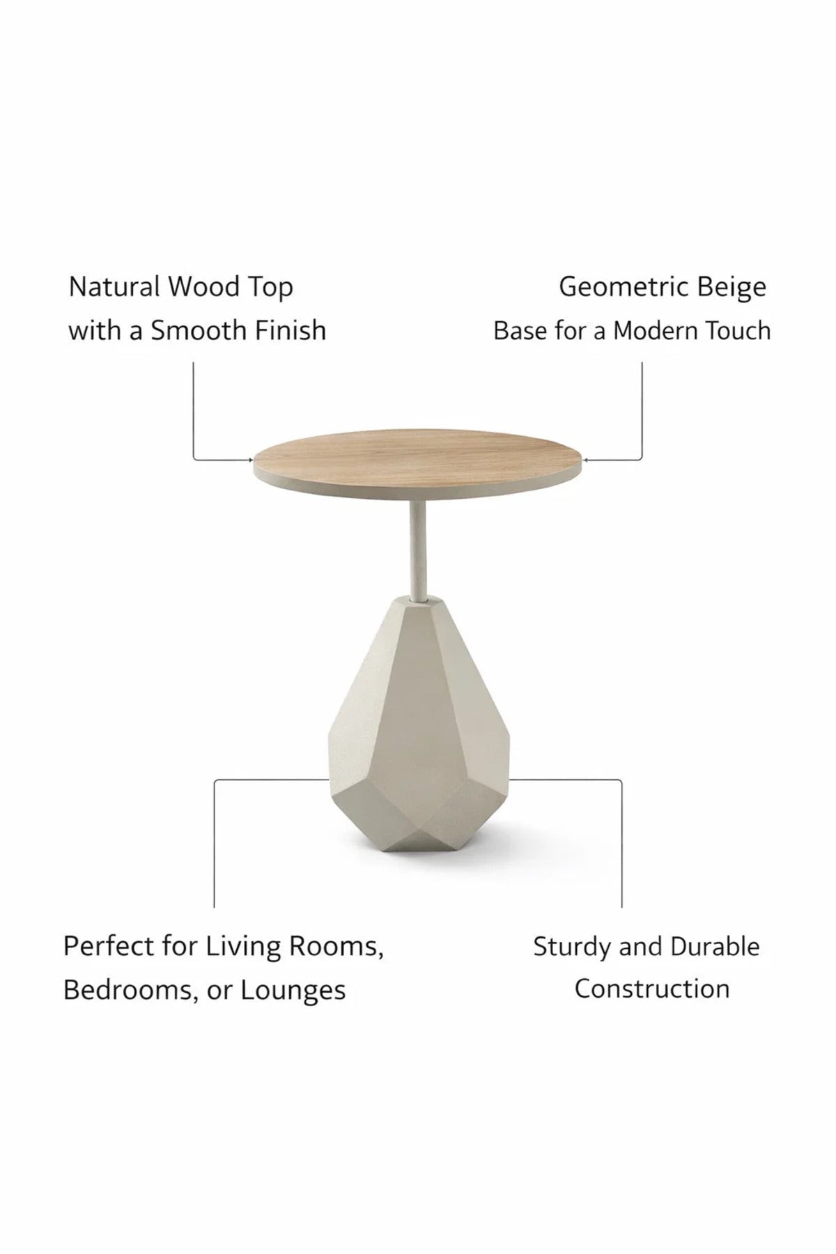 Modern Round Side Table Beige Geometric Base Wood Top 60cm Tall for Stylish Living Rooms