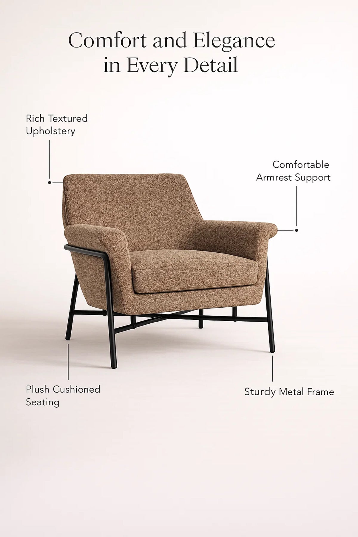 Modern Upholstered Armchair Brown Comfortable Accent Chair with Metal Frame
