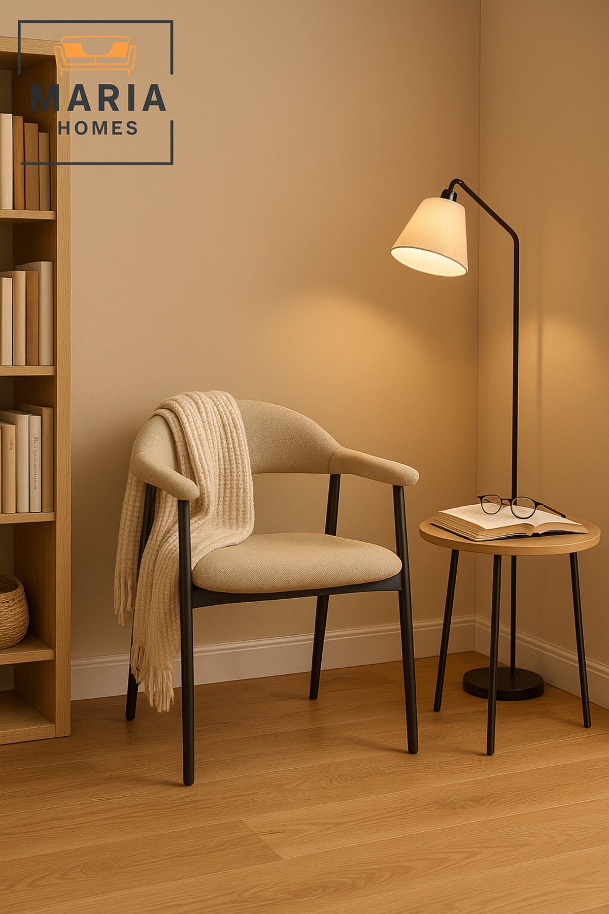 Beige Modern Dining Armchair with Black Metal Legs Ð Minimalist Accent Chair