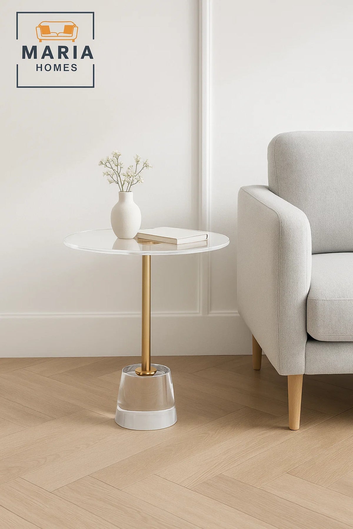Modern Acrylic Round Side Table 40_40_50 cm with Gold Metal Support Clear Crystal Base