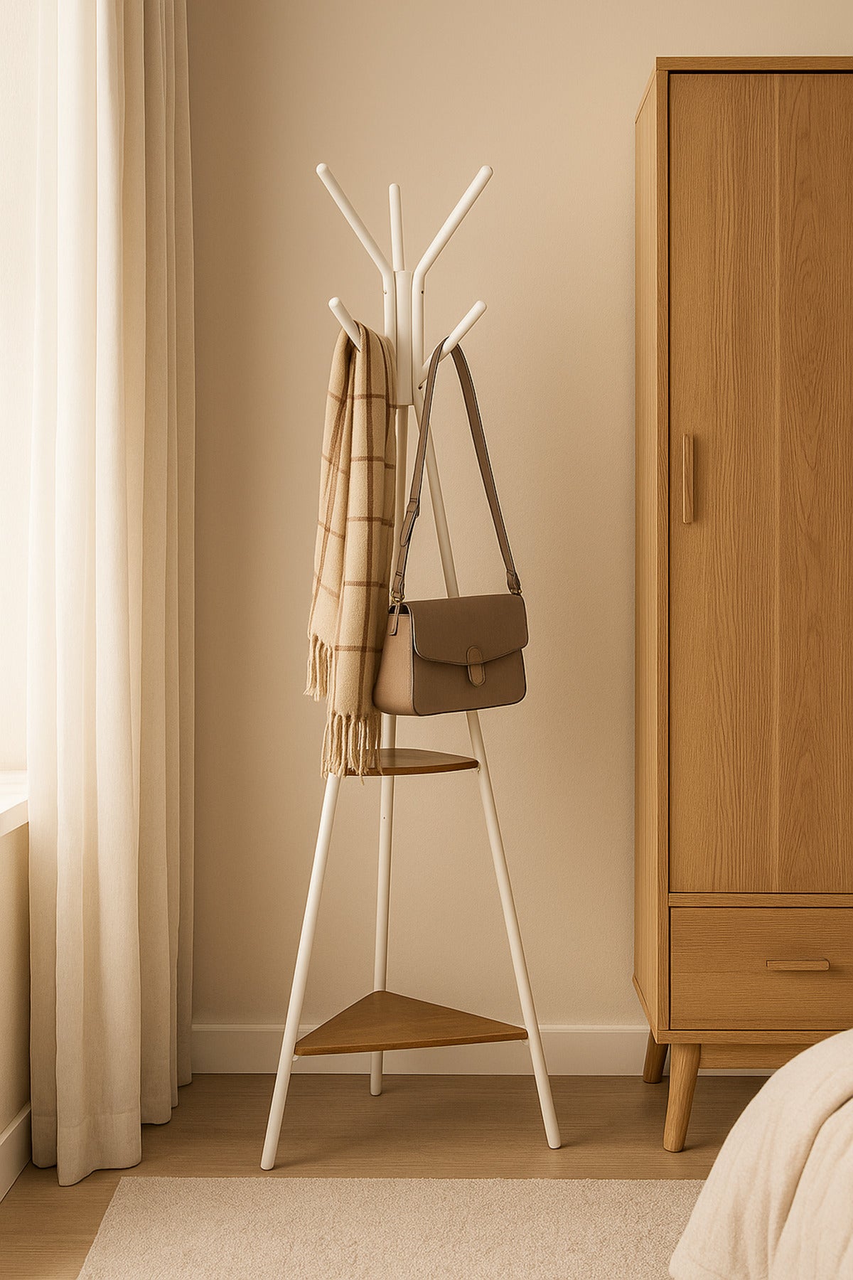 Modern White Coat Rack Ð Metal Clothes Stand with Dual Wooden Shelves for Entryway & Bedroom