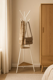 Modern White Coat Rack Ð Metal Clothes Stand with Dual Wooden Shelves for Entryway & Bedroom