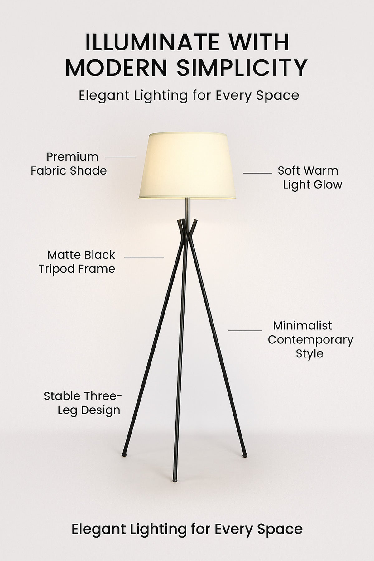 Modern Tripod Floor Lamp Ð Black Metal Stand with Beige Fabric Shade for Living Room & Bedroom