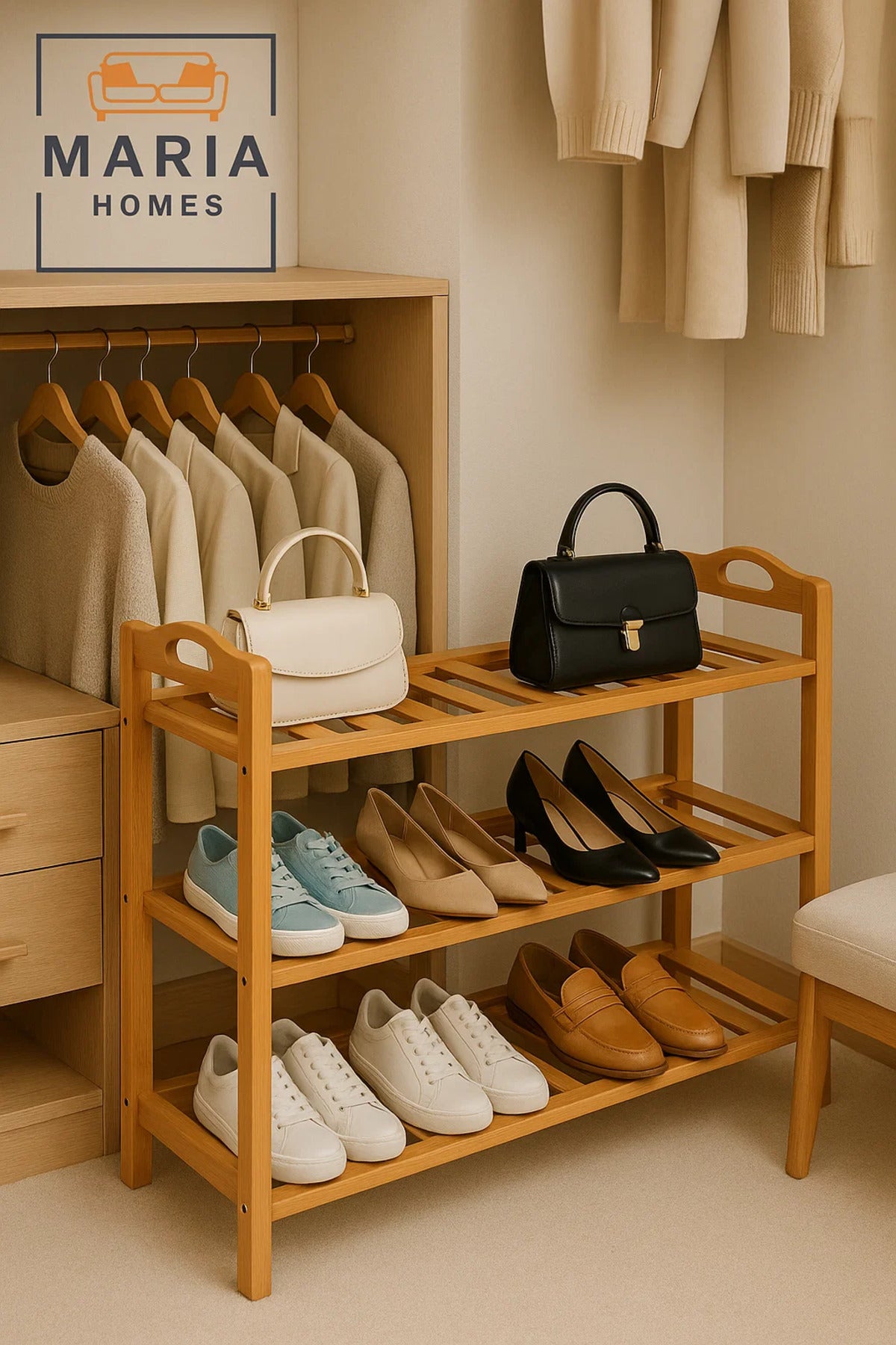 3-Tier Natural Bamboo Shoe Rack Organizer Shelf for Entryway, Hallway, Closet or Living Room