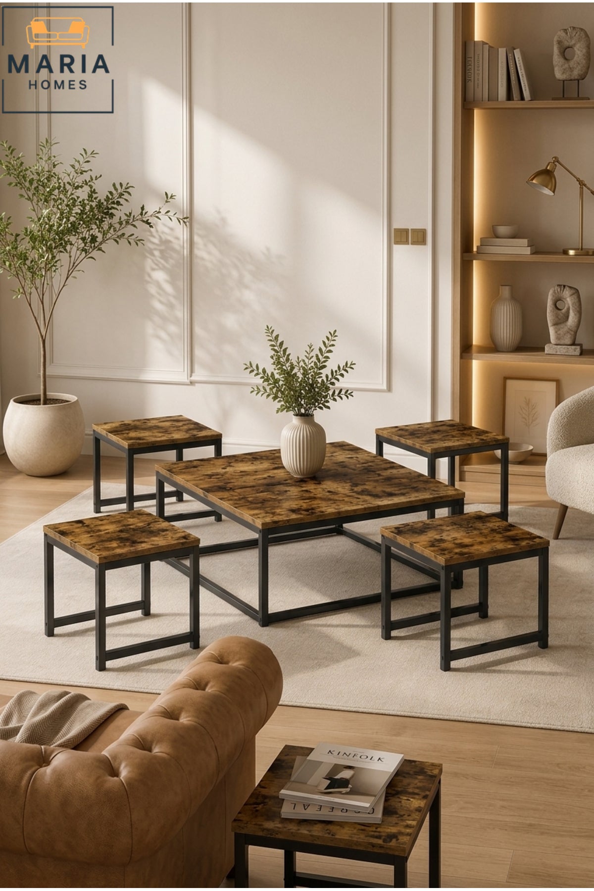 Modern Center Table set – Wooden Top with Metal Base, Living Room Coffee Table