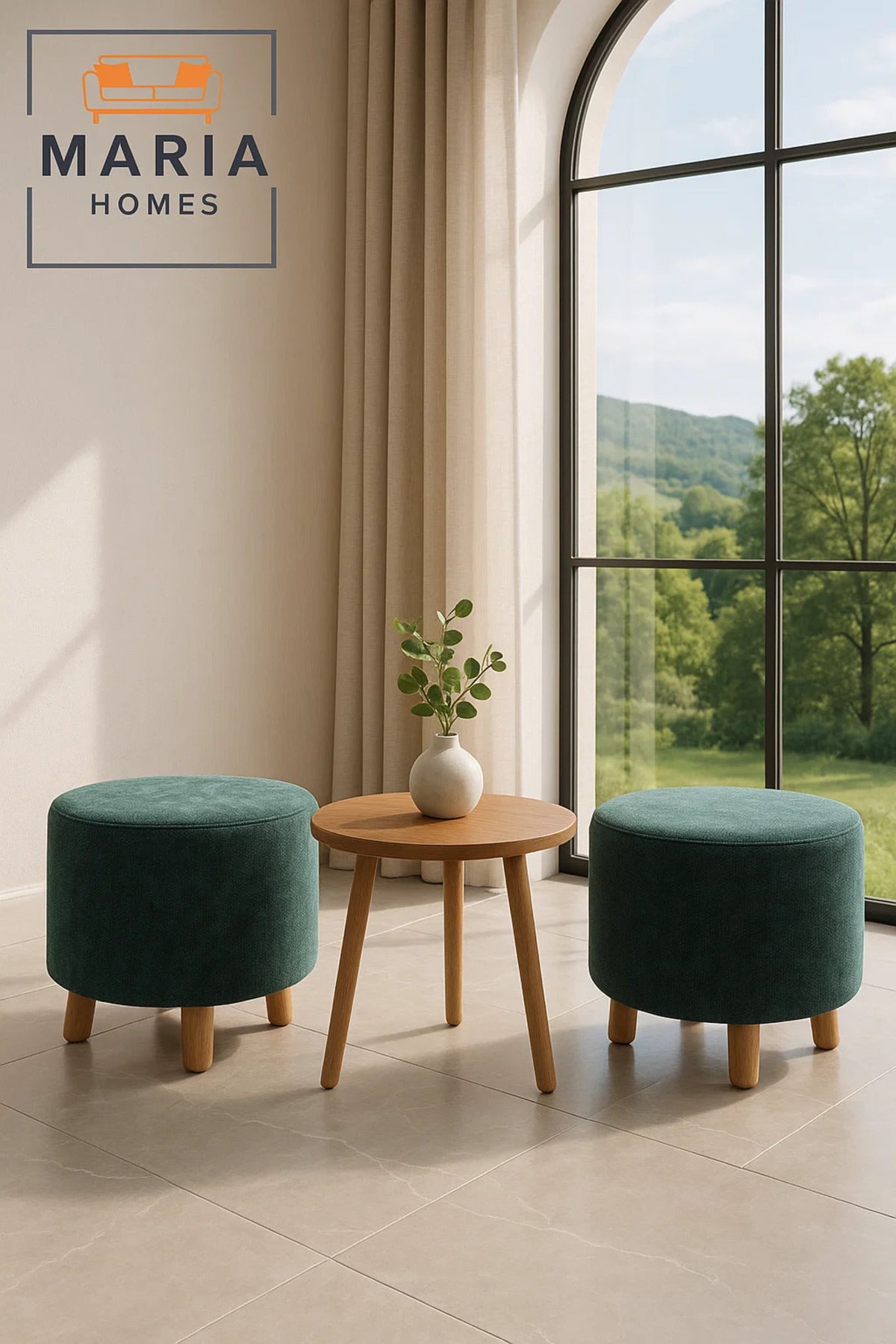 Round Green Velvet Ottoman Stool Ð with Wooden Legs for Living Room & Bedroom